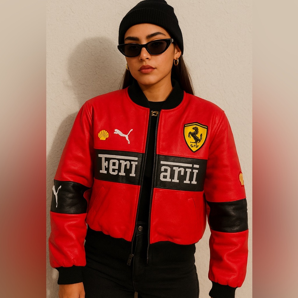 Handmade Vintage Ferrari Racing Vegan Leather Crop Jacket Red Formula1 Size XS/S - Picture 1 of 7